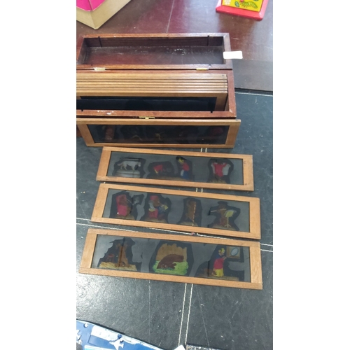 267 - Vintage Wooden Box of Magic Lantern Cartoon Slides (11 in total)