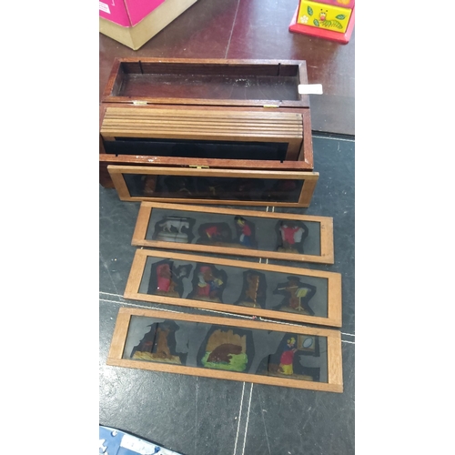 267 - Vintage Wooden Box of Magic Lantern Cartoon Slides (11 in total)