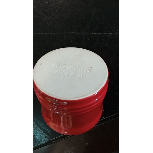 268 - Red ceramic Le Creuset jar, 10 oz / 0.3L, embossed with brand name.