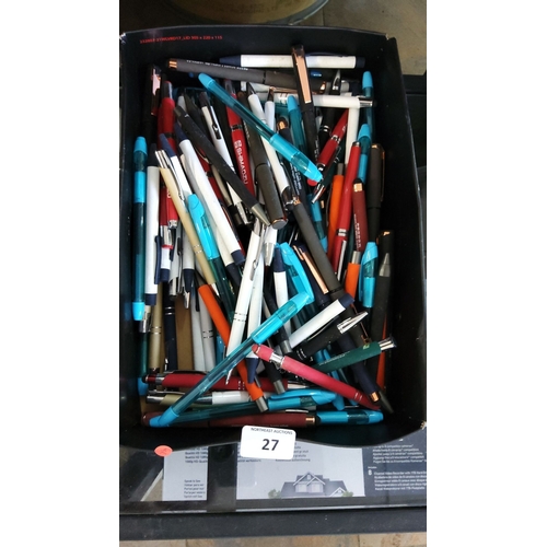 27 - Assorted lot of approximately 100 pens and mechanical pencils in various colors. Brands included are... 