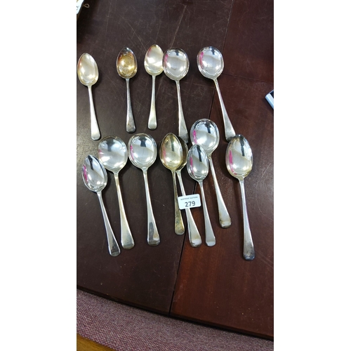 279 - Set of 12 silver plated spoons with classic rounded bowls and elegant handles.