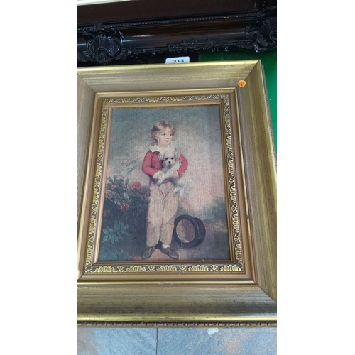 313 - Oil painting of a young child holding a small dog. The piece is framed in an ornate gold frame, refl... 