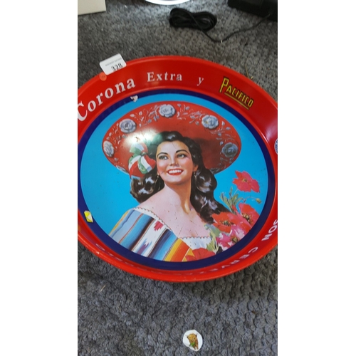 328 - Vintage Corona Extra y Pacifico metal serving tray featuring a vibrant depiction of a woman in tradi... 