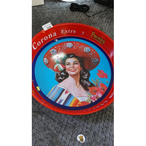 328 - Vintage Corona Extra y Pacifico metal serving tray featuring a vibrant depiction of a woman in tradi... 