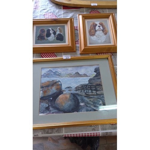 333 - Set of three framed prints in wooden frames. The collection includes a watercolor seascape print sig... 