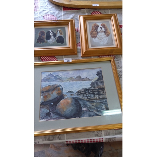 333 - Set of three framed prints in wooden frames. The collection includes a watercolor seascape print sig... 