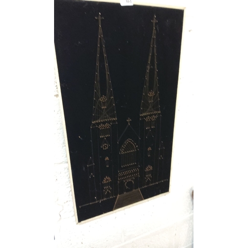 361 - String Art of Armagh Cathedral featuring an intricate detailing on a black velvet background and fra... 