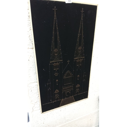 361 - String Art of Armagh Cathedral featuring an intricate detailing on a black velvet background and fra... 