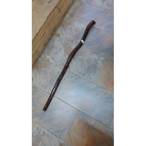 365 - Handcrafted wooden walking stick with natural twists and knots, polished finish. 38 inches in length