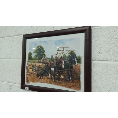 394 - Vintage Print depicting a rural farming scene with a horse-drawn plow and workers, framed in dark wo... 