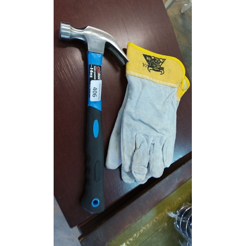 406 - Protool 16 oz. Claw Hammer with ergonomic handle, paired with padded work gloves featuring reinforce... 