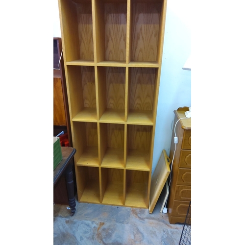 413 - Wooden cubby storage shelf with 12 compartments. Natural finish. Dimensions: Approximately 7 feet ta... 