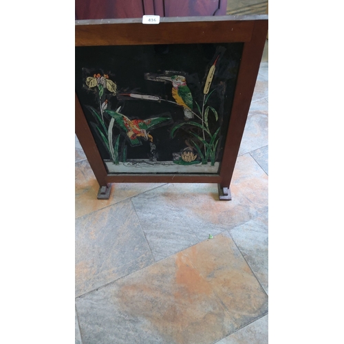 416 - Vintage firescreen with wooden frame, showing colorful birds and floral motifs. From the Victorian o... 