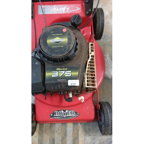 459 - Rover Raider lawn mower with Briggs & Stratton Sprint 375 engine. Reliable starting mechanism.