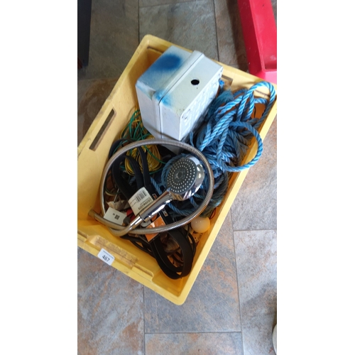 467 - Mixed lot includes a showerhead, blue rope, power cables, control box, light bulb, and other miscell... 