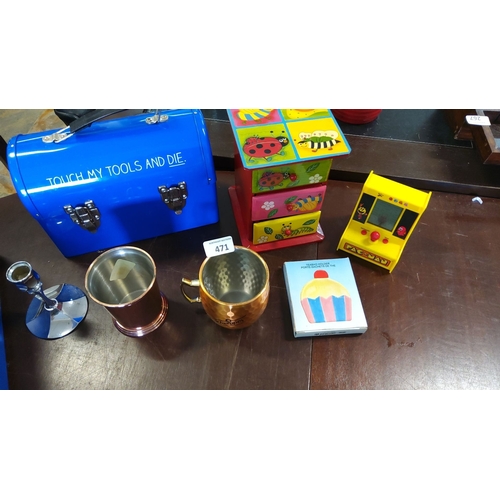 471 - Mixed lot contains a blue toolbox, colourful drawer set, vintage Pac-Man handheld game, silver candl... 