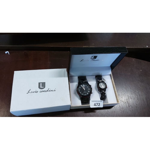 472 - Luis Cardini wristwatch set, black metal bands, with original box.