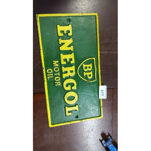 477 - BP Energol Motor Oil cast iron sign in green and yellow. Made from cast iron material with embossed ... 