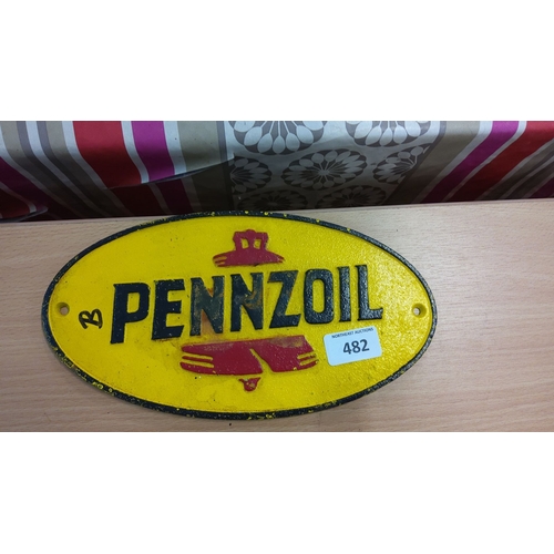 482 - Pennzoil oval cast iron sign, featuring distinctive yellow and red graphics with black lettering. Ap... 