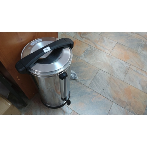 54 - Stainless steel hot water urn by Oypla, featuring a sleek design with a black handle and tap.30 Litr... 