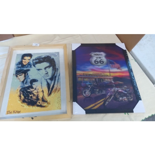 21 - Two mixed media artworks featuring iconic American themes. One artwork displays Route 66 with a moto... 
