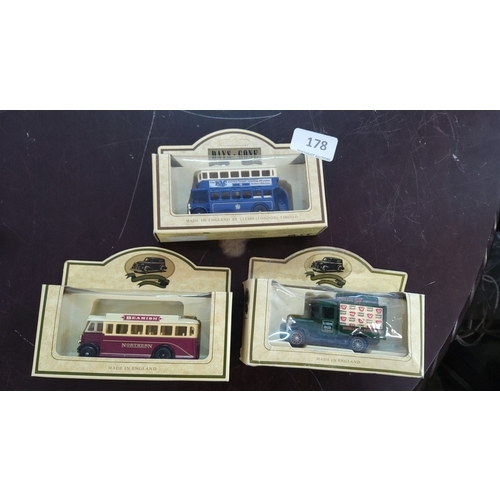 178 - Set of three vintage die-cast model trams and vehicles, boxed. Produced by Lledo (London) Limited, E... 