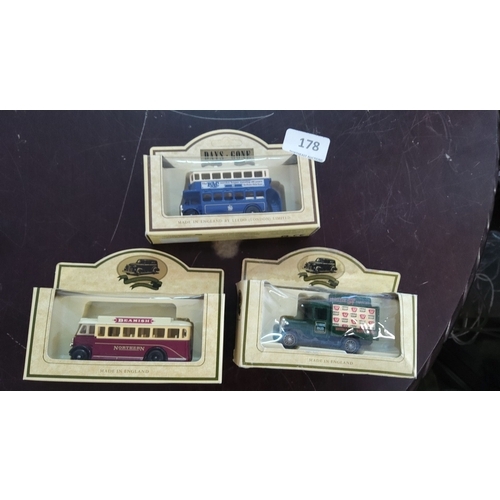 178 - Set of three vintage die-cast model trams and vehicles, boxed. Produced by Lledo (London) Limited, E... 