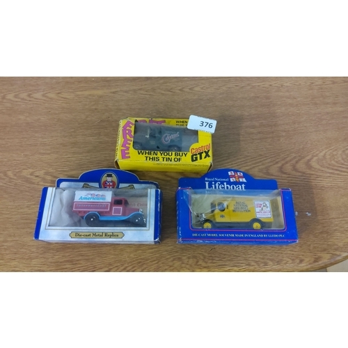 376 - Set of three die-cast model vehicles. Models included are an Americana model, a Castrol GTX model, a... 