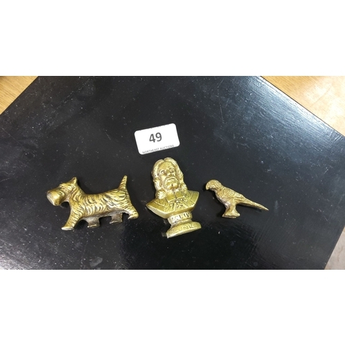 49 - Set of three vintage brass figurines, including Oliver Plunkett Bust,dog,and a bird.