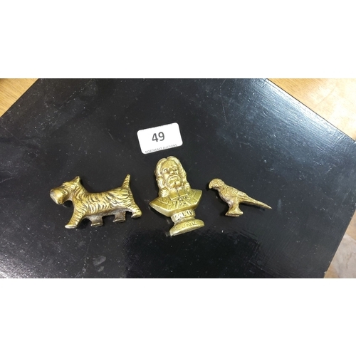 49 - Set of three vintage brass figurines, including Oliver Plunkett Bust,dog,and a bird.