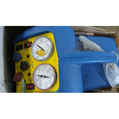 1 - Promax RG5410EX Recovery Machine. Blue exterior with dual pressure gauges, oil-less compressor techn... 