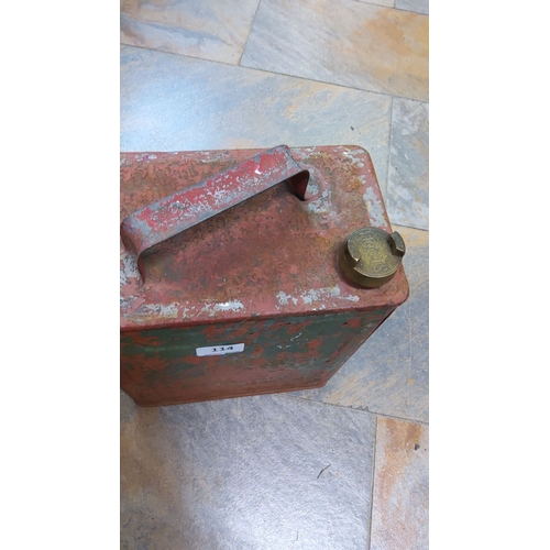 114 - Vintage metal petrol can with a handle, featuring an original brass spout marked 