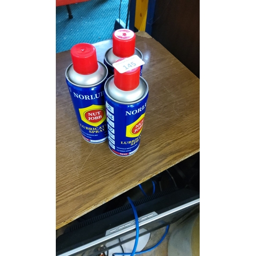 145 - Set of three Norlube Nut Jobb lubricant spray cans.