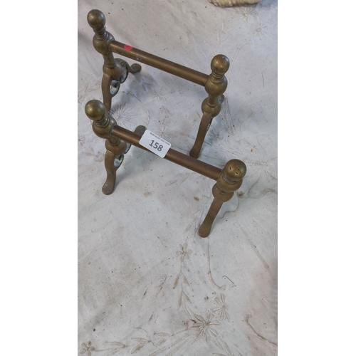 158 - Antique brass fireplace andirons, pair, featuring ball-topped finials and curved legs.