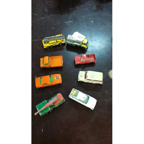 167 - Set of eight vintage die-cast toy vehicles. Includes cars, trucks, and a tank with various makes and... 