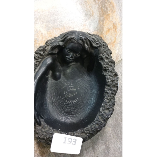 193 - Hawaiian black lava sculpture by Coco Joe, featuring a female figure. Marked 