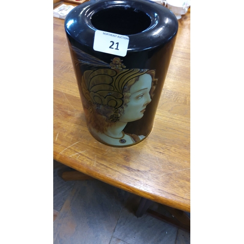 21 - Decorative vase featuring a portrait of a woman in profile with intricate detailing. Art Nouveau sty... 