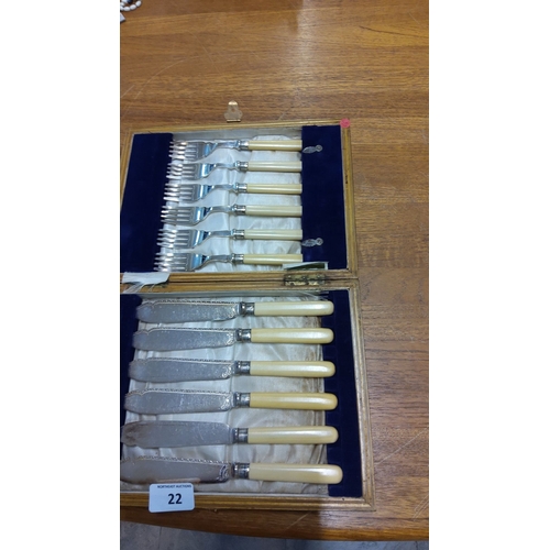 22 - Antique boxed set of cutlery including 6 knives and 6 forks with stainless steel blades and cream-co... 