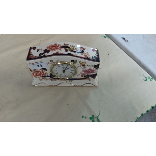 23 - Mason's Ironstone Arch Shaped Mantel Clock, hand-painted floral design with gold accents, marked on ... 