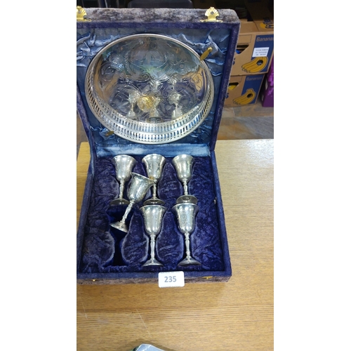 235 - Set of six intrically engraved sterling silver goblets with matching serving dish, housed in a velve... 