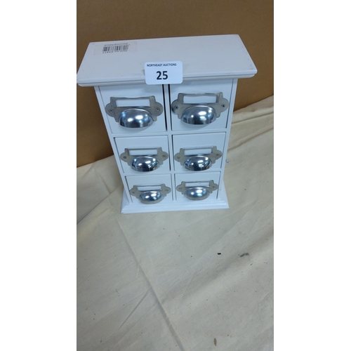 25 - White wooden storage unit with six small drawers, each fitted with metal drawer pulls and label hold... 