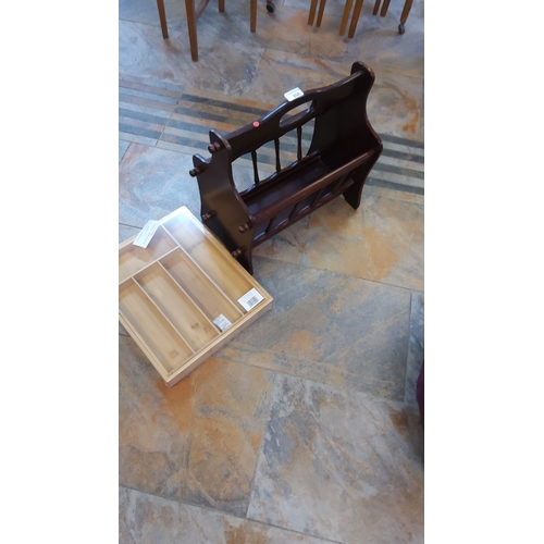 266 - Mahogany magazine rack with spindle sides, new wooden kitchen drawer organizer.