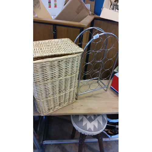 268 - Comprising a woven wicker storage basket and a chrome wire wine rack.