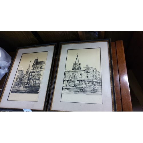 270 - Pair of framed architectural ink drawings depicting historical buildings and street scenes. Each dra... 