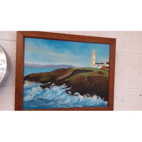 281 - Oil painting on canvas featuring a lighthouse and coastal scene. Signed by the artist M. Mee, dated ... 