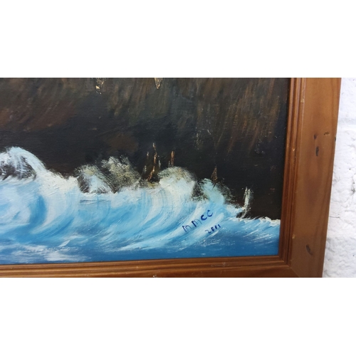 281 - Oil painting on canvas featuring a lighthouse and coastal scene. Signed by the artist M. Mee, dated ... 