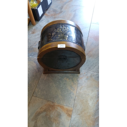 293 - Antique wooden box with metal detail featuring a sailing ship motif. Hinged lid opens to reveal a de... 