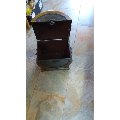 293 - Antique wooden box with metal detail featuring a sailing ship motif. Hinged lid opens to reveal a de... 