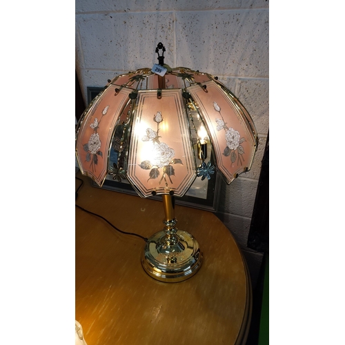 295 - Brass table lamp with floral etched glass panels, featuring a unique petal-like shade design.