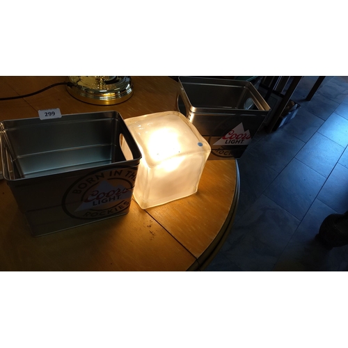 299 - Set of two metal beer buckets and a frosted glass cube light.